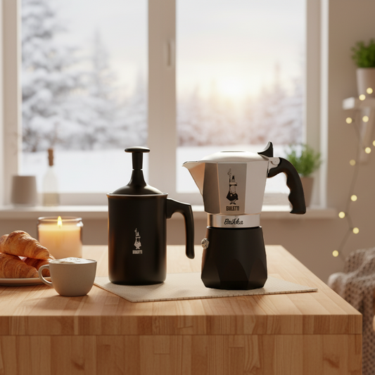 BIALETTI 手打奶泡器與鑽石加壓摩卡壺 放在冬日溫暖餐桌