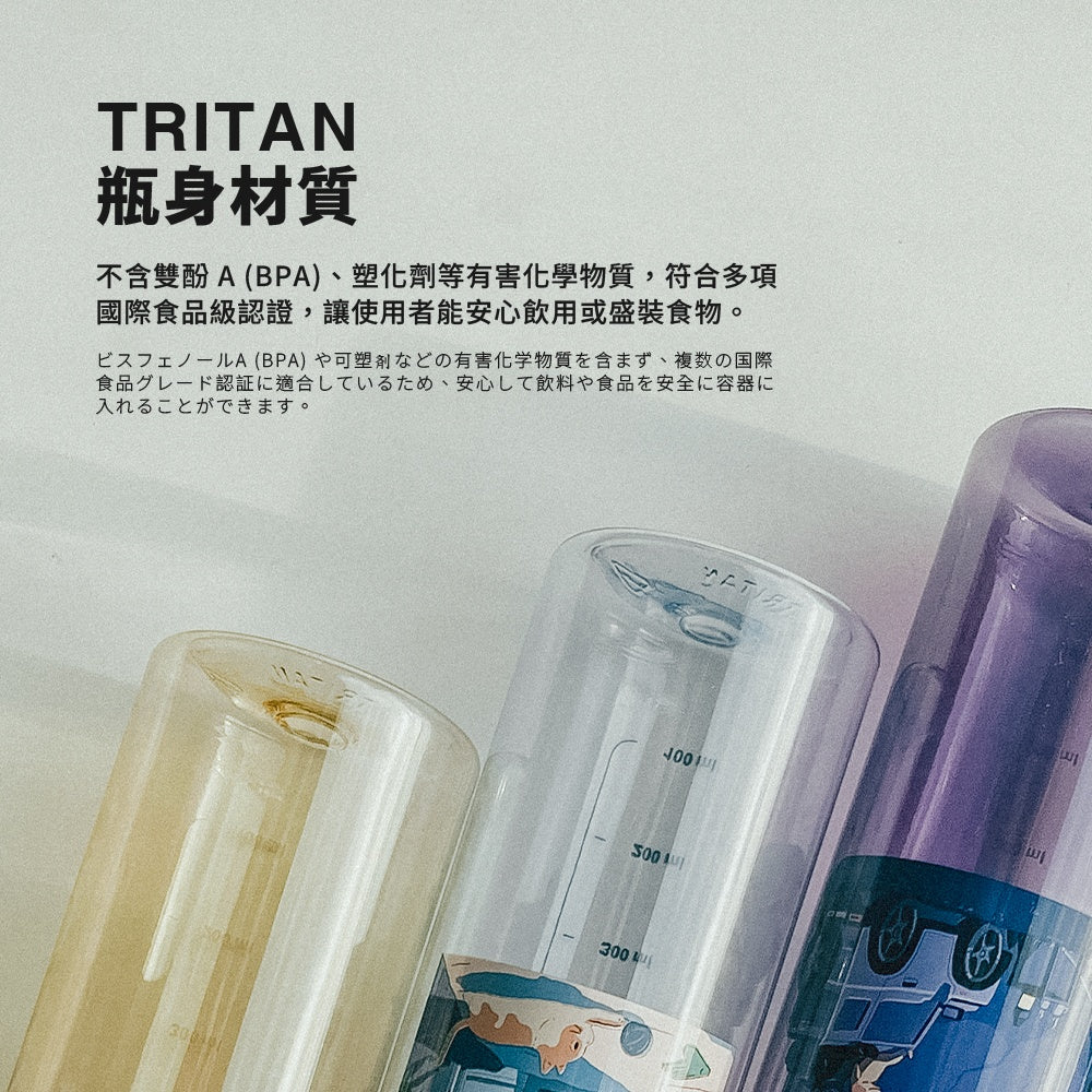 說明瓶身Tritan材質，不含雙酚A、塑化劑等有害化學物質，符合多項國際食品級認證