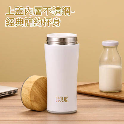 木簡約旋蓋陶瓷杯360ml 輕巧保溫杯 真陶瓷內膽 通勤學生首選-沐光白
