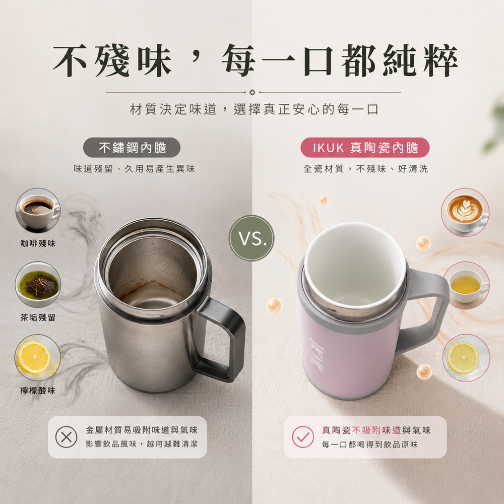 【KiKi媽咪團購優惠】IKUK艾可陶瓷保溫瓷芯手把杯500ml 送720ml鈦瓷316不銹鋼保溫杯