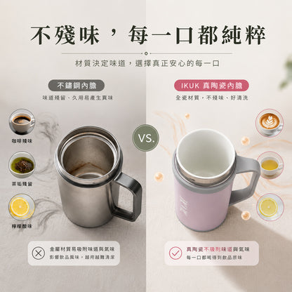 【KiKi媽咪團購優惠】IKUK艾可陶瓷保溫瓷芯手把杯500ml 送720ml鈦瓷316不銹鋼保溫杯