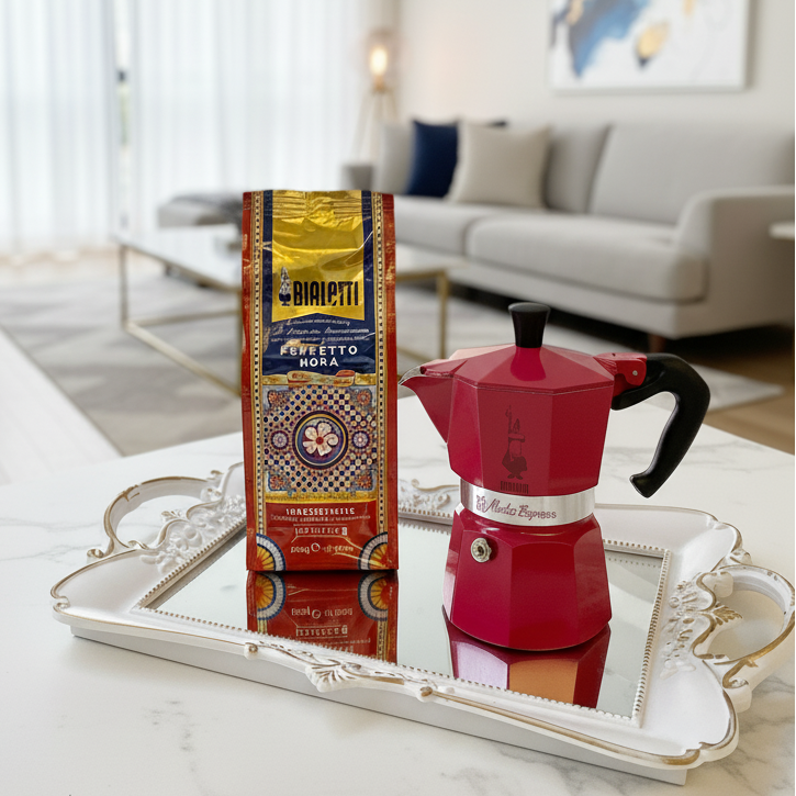 Bialetti 櫻桃紅摩卡壺與DG咖啡粉放在客廳中島